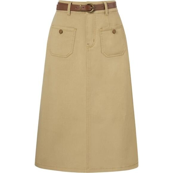 Denim Skirt with Belt Below Knee Length Khaki - Picture 1 of 5